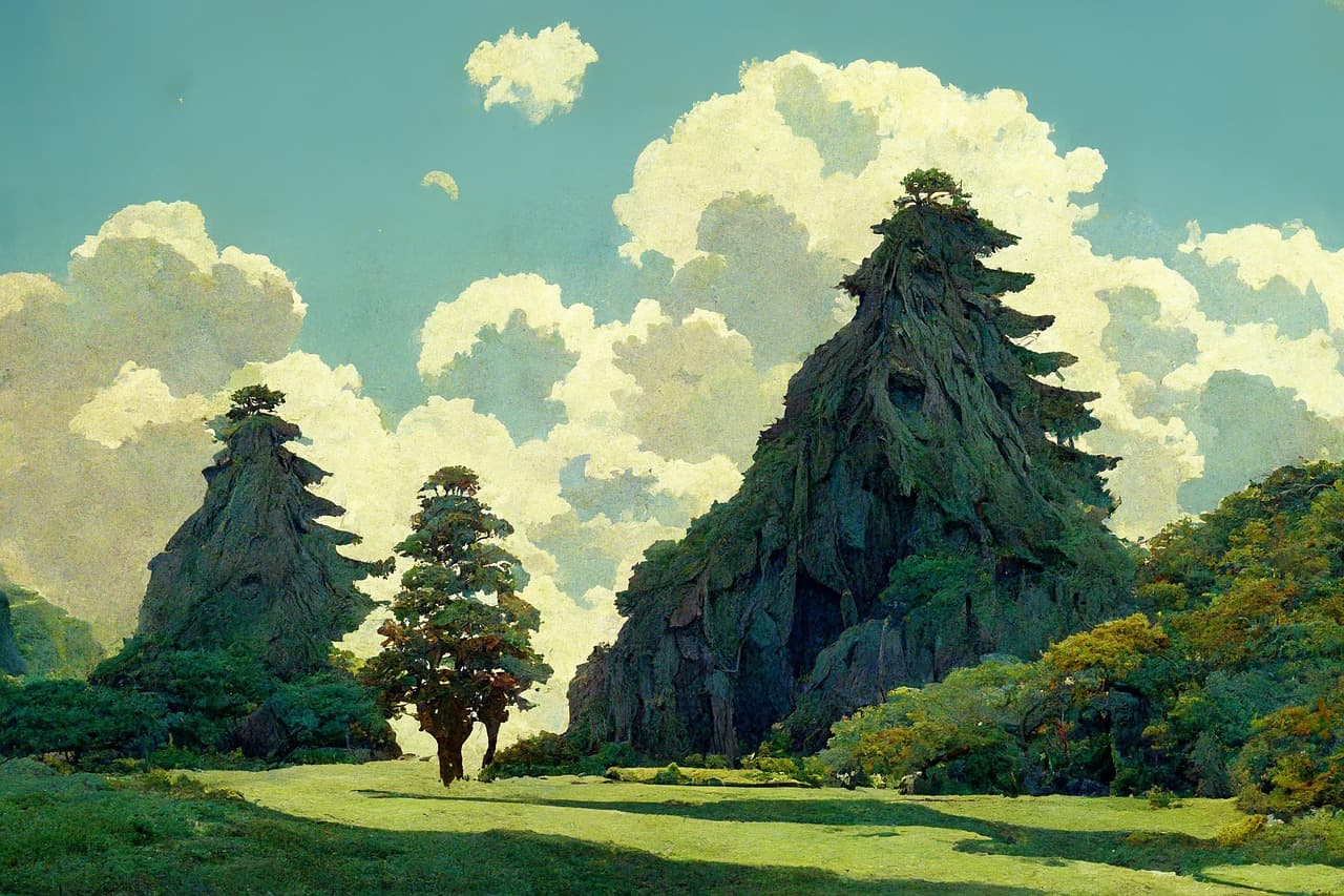 Ghibli-style painting of mossy crags and trees beneath towering clouds