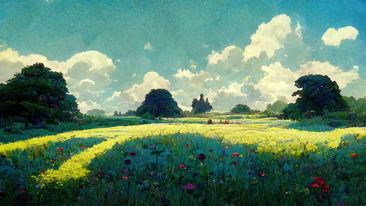 Ghibli-style painting of a flower meadow under drifting summer clouds